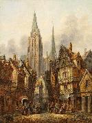 Pieter Cornelis Dommersen A gothic cathedral in a medieval city USA oil painting artist